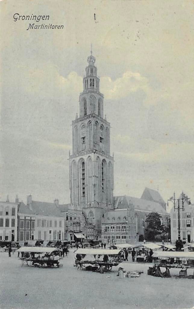 Groningen Martinitoren Grote Markt Marktkraampjes 1907, Ophalen of Verzenden, Voor 1920, Gelopen, Groningen