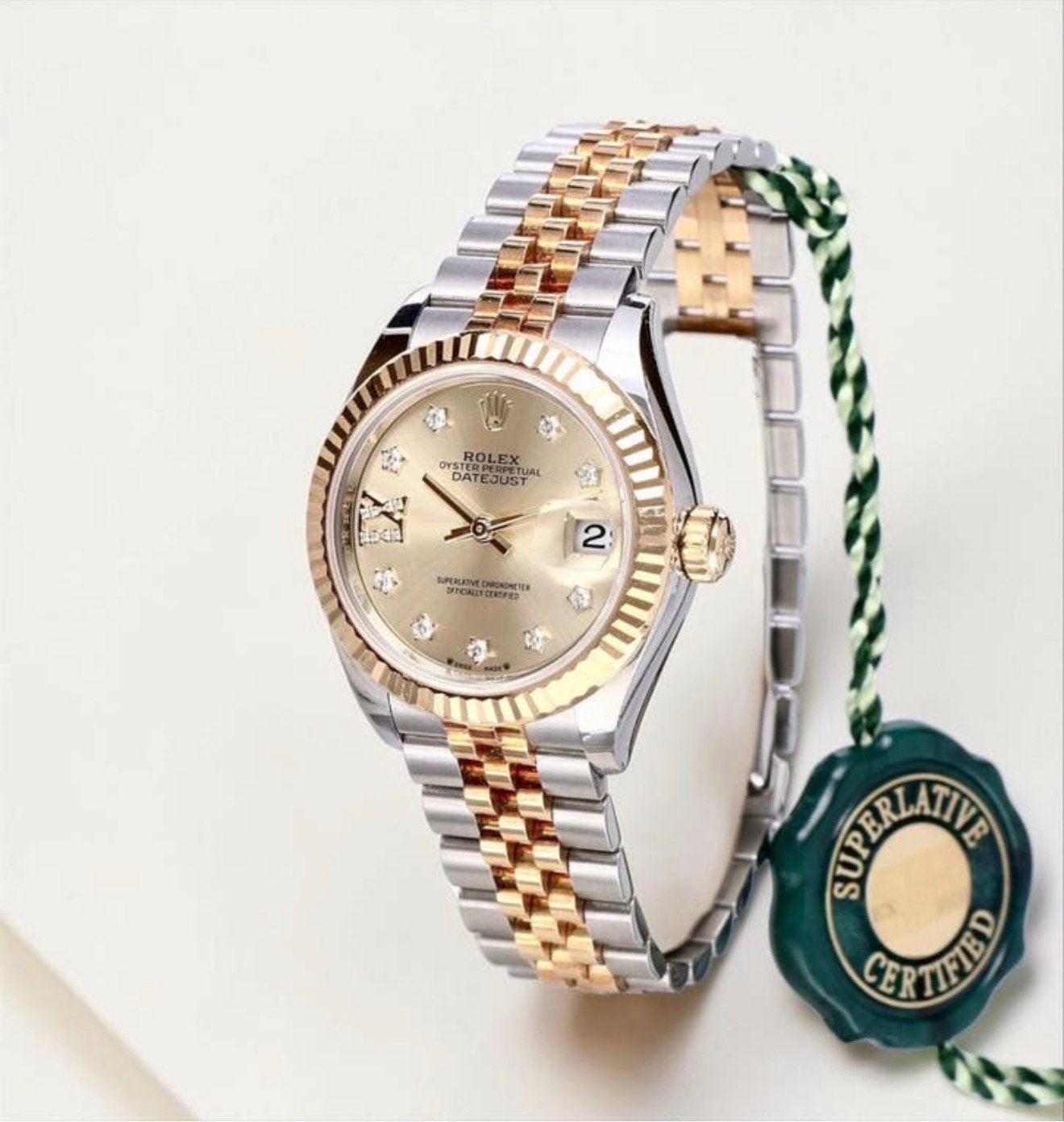 Rolex Lady Datejust 28 Champagne met Factory Diamond, Overige materialen, Overige kleuren, 19 tot 20, Nieuw