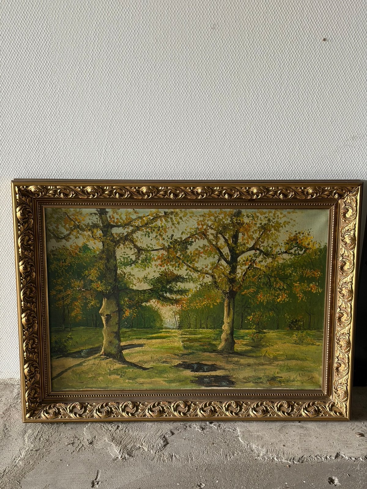 Schilderij met bomen en goud kleurige lijst., Antiek en Kunst, Ophalen, Overige stijlen, Landschap