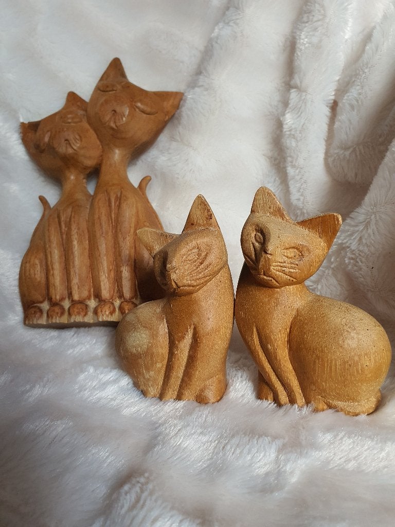 Vintage Handgesneden Houten Katten – Set van 3, Ophalen of Verzenden, Zo goed als nieuw, Dier