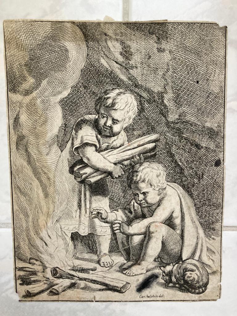 Oude gravure kinderen en kat bij vuur, Holstein, Talon, 1650, Antiek en Kunst, Kunst | Etsen en Gravures, Origineel, Dagelijks leven