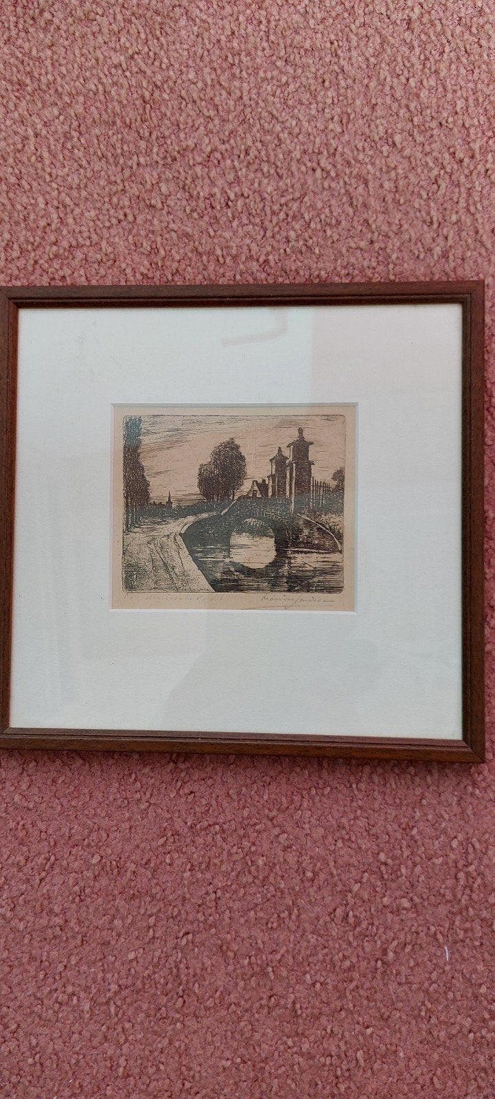 Ets van Marius Johannes Janssen - Brug over water, Ingelijst, Ets, Ophalen of Verzenden, Landschap