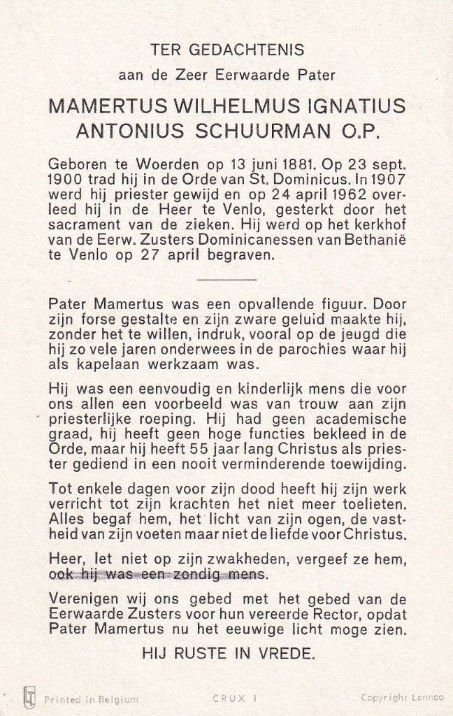 Schuurman Mamertus 1881 Woerden 1962 Venlo priester, Verzamelen, Bidprentjes en Rouwkaarten, Ophalen of Verzenden, Bidprentje