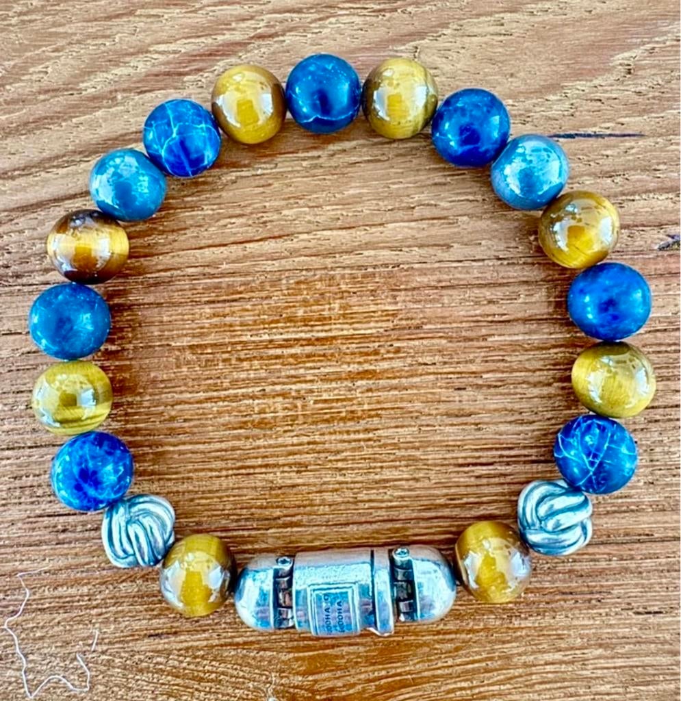 Buddha to Buddha armband met tijgeroog en blauwe kralen, Blauw, Ophalen of Verzenden, Zo goed als nieuw, Met edelsteen