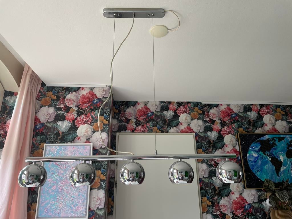 Retro chroom hanglamp, Huis en Inrichting, Lampen | Hanglampen, Ophalen, Gebruikt, Metaal, 75 cm of meer