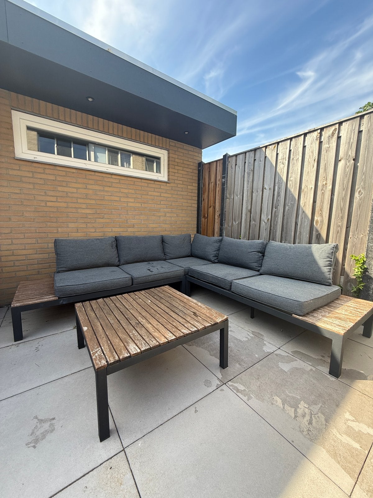 Grote loungeset met houten bijzettafels en salontafel, Ophalen, Gebruikt, Meer dan 8 zitplaatsen, Aluminium