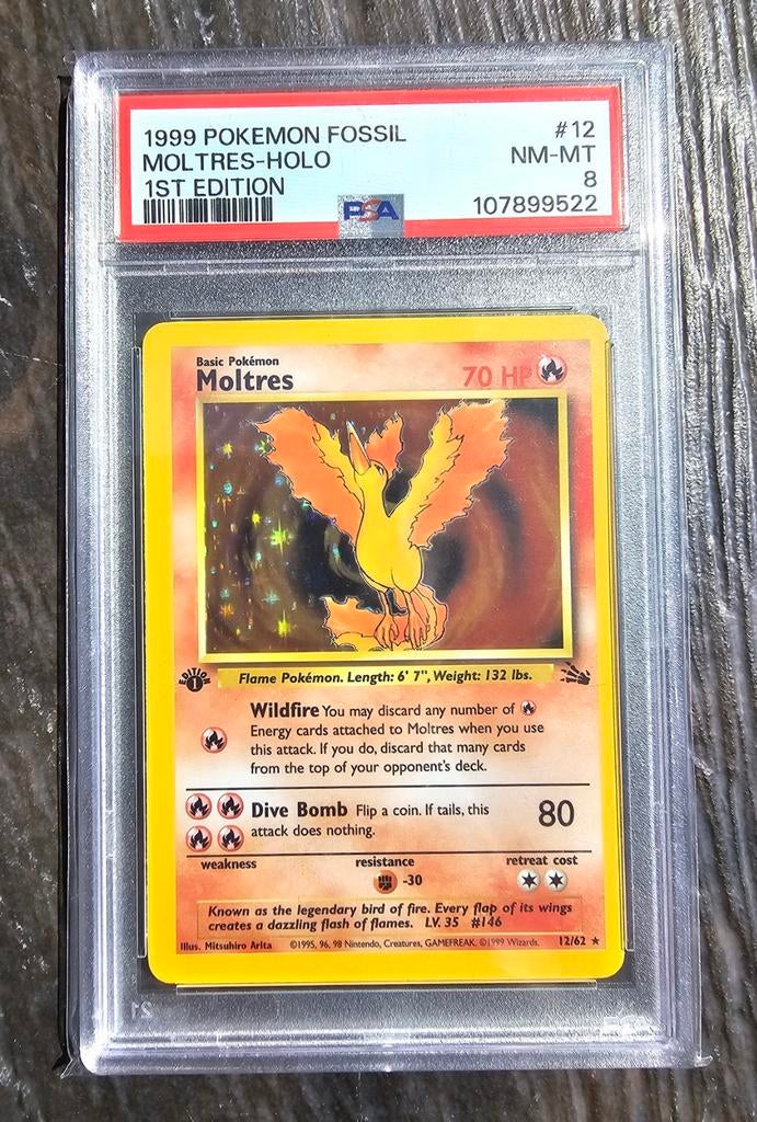 Moltres 12/62 1st edition PSA 8 Fossil Set 🔥, Ophalen of Verzenden, Nieuw, Losse kaart, Foil