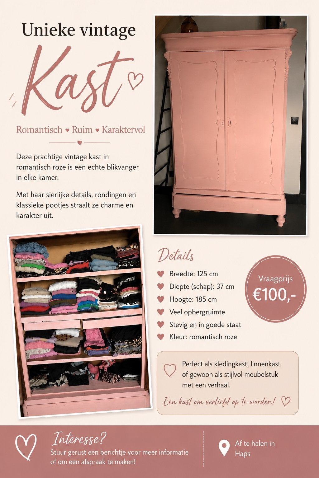 Unieke vintage kast in romantisch roze, Ophalen of Verzenden