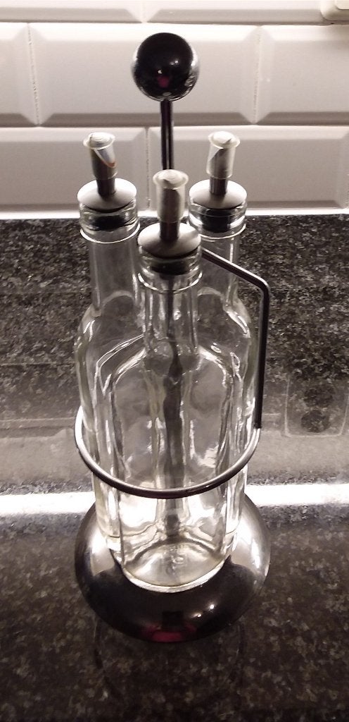 olie- en azijnstel (3 flessen), Huis en Inrichting, Keuken | Keukenbenodigdheden, Zo goed als nieuw, Voorraadpot, Glas, Ophalen
