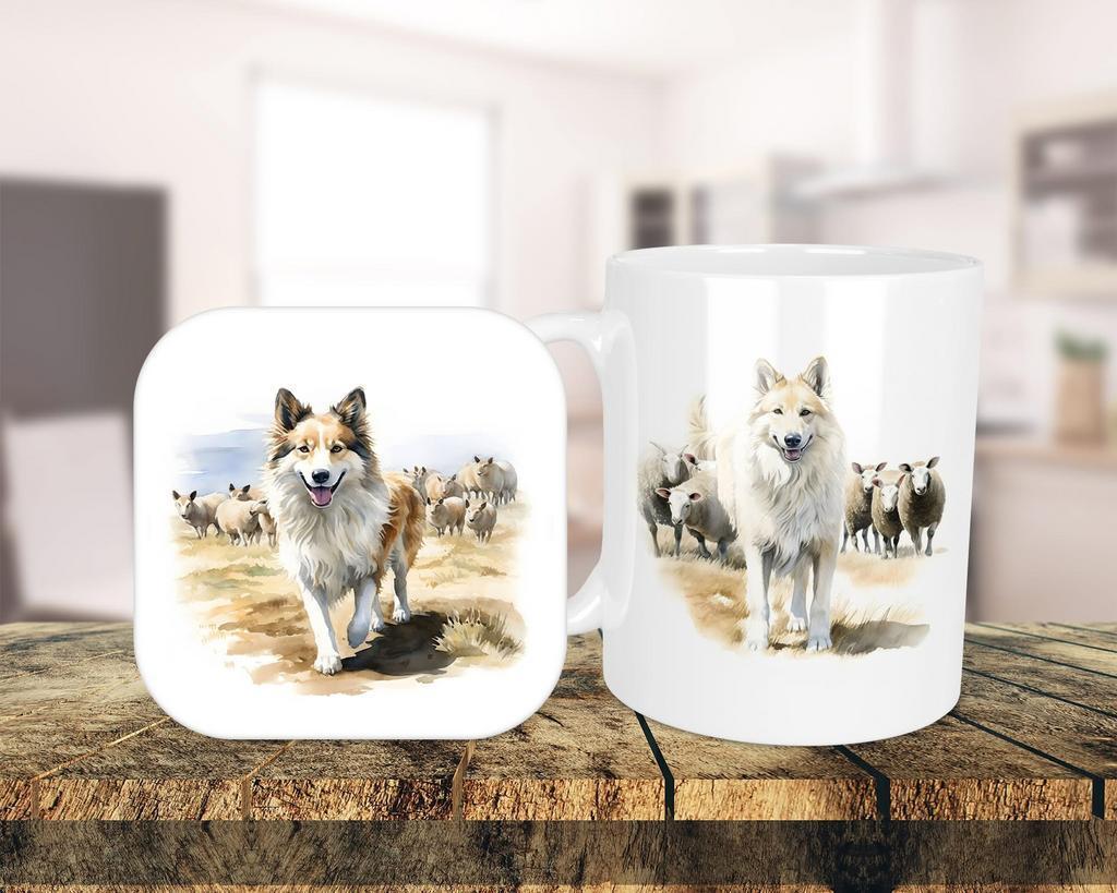 IJslandse Hond Aquarel Set onderzetter + mok, Ophalen of Verzenden, Nieuw, Overige stijlen, Kop(pen) en/of Schotel(s)
