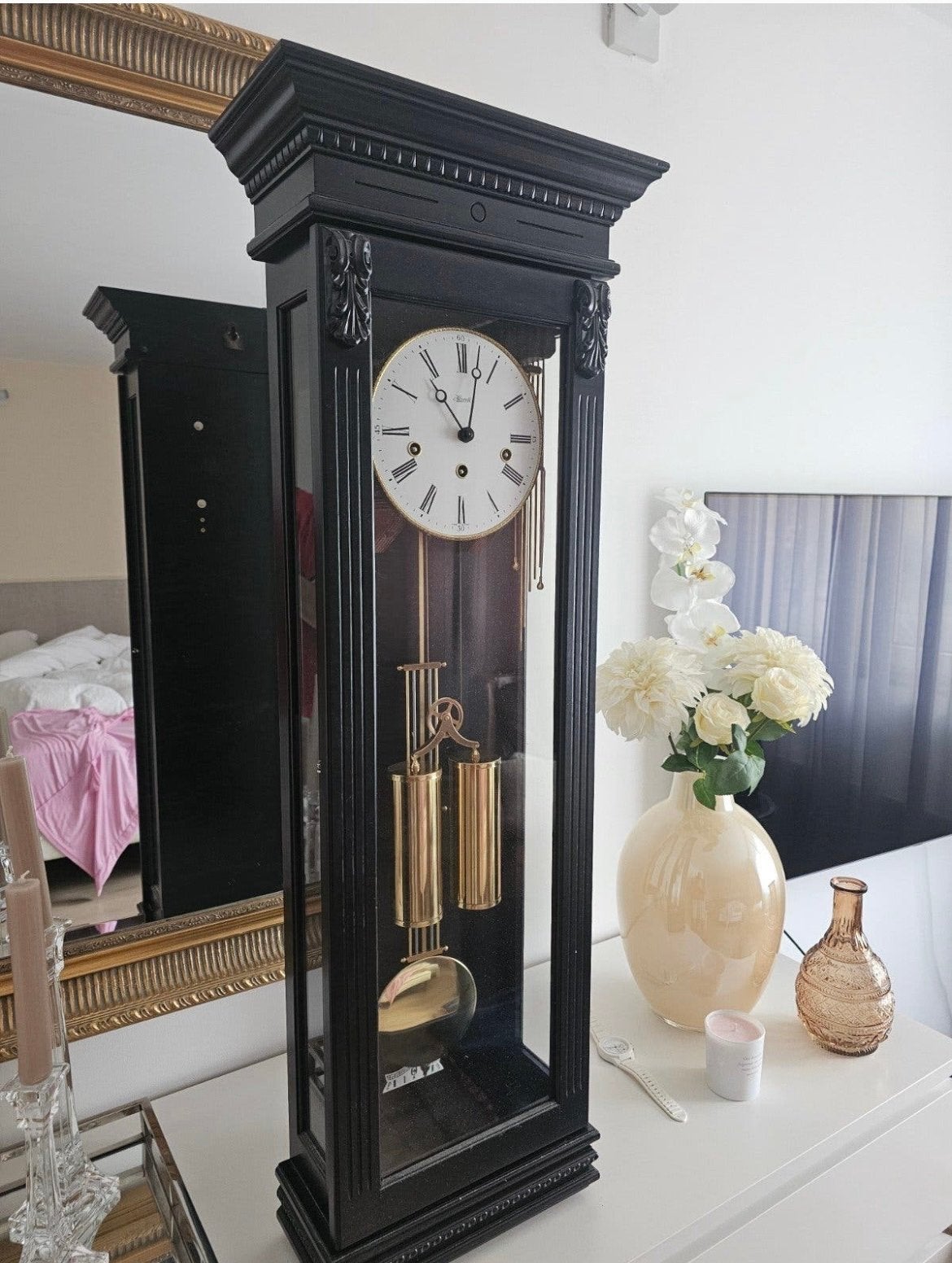 Antieke Hermle Staande Klok - Zwart Hout met Gouden Details, Ophalen of Verzenden