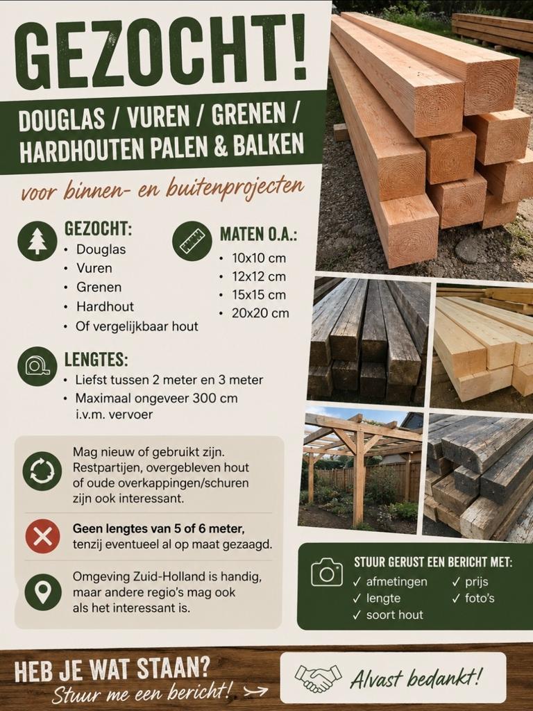 GEZOCHT: Douglas / Vuren / Grenen / Hardhouten palen & balk, Tuin en Terras, Palen, Balken en Planken, Ophalen of Verzenden, 250 cm of meer