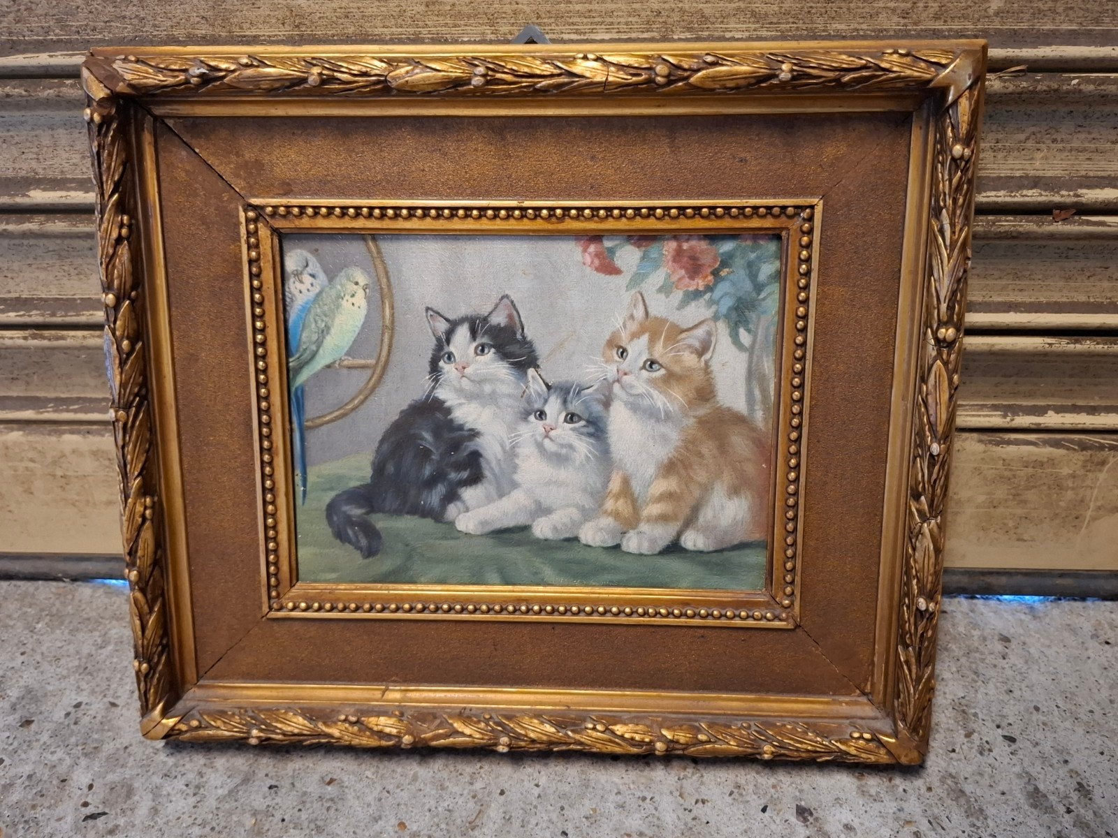 Schattig poezenschilderij met oude lijst 36 x 30 cm, Ophalen of Verzenden, Dieren