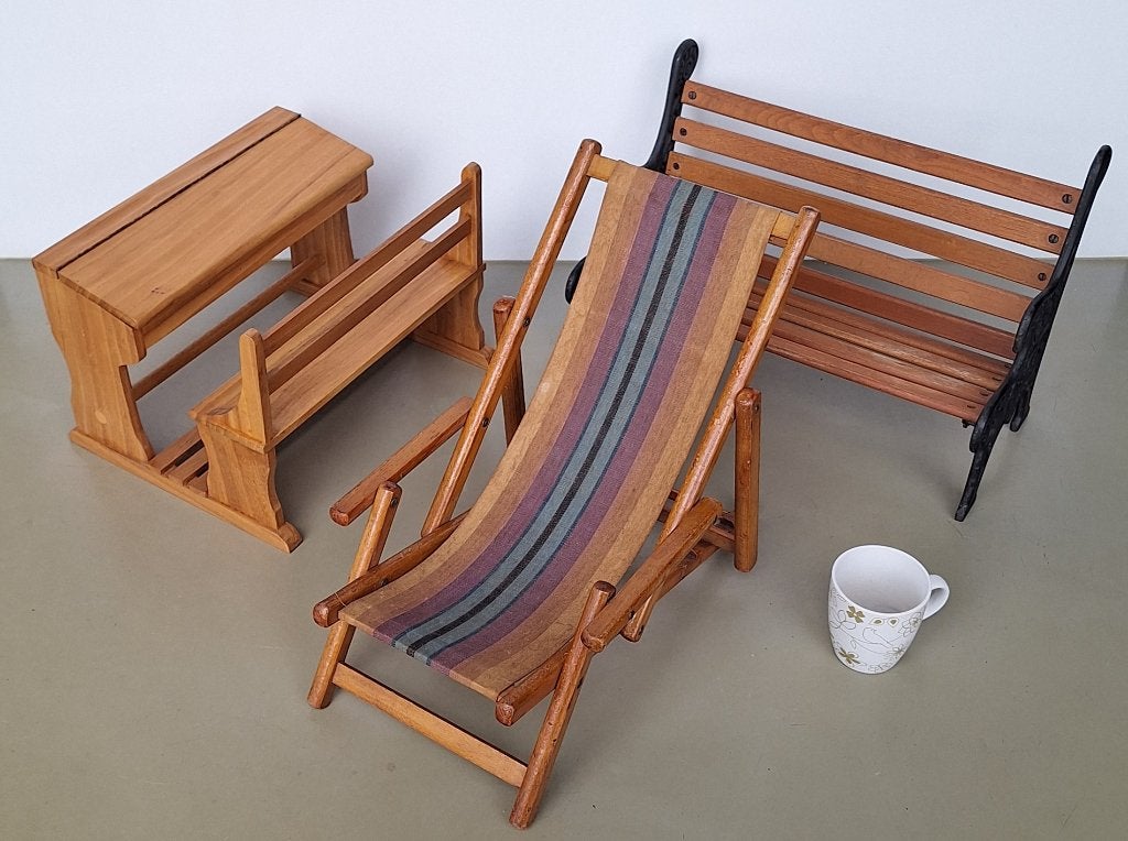 3st vintage miniatuur strand-stoel tuinbankje en school-bank, Ophalen of Verzenden