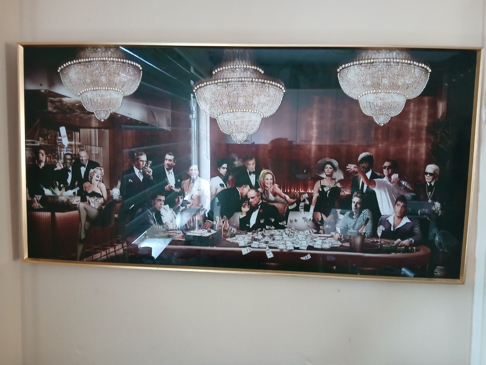 Grote ingelijste print met beroemdheden aan pokertafel, Huis en Inrichting, Ophalen, Zo goed als nieuw, 100 tot 125 cm, Print