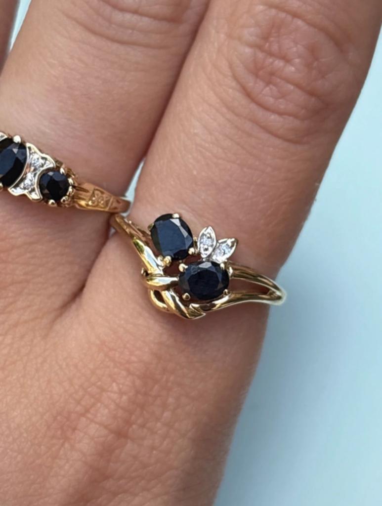 Vintage 9 karaat gouden ring met zwarte steen en diamantjes, 18 tot 19, Met edelsteen, Zwart, Ophalen of Verzenden