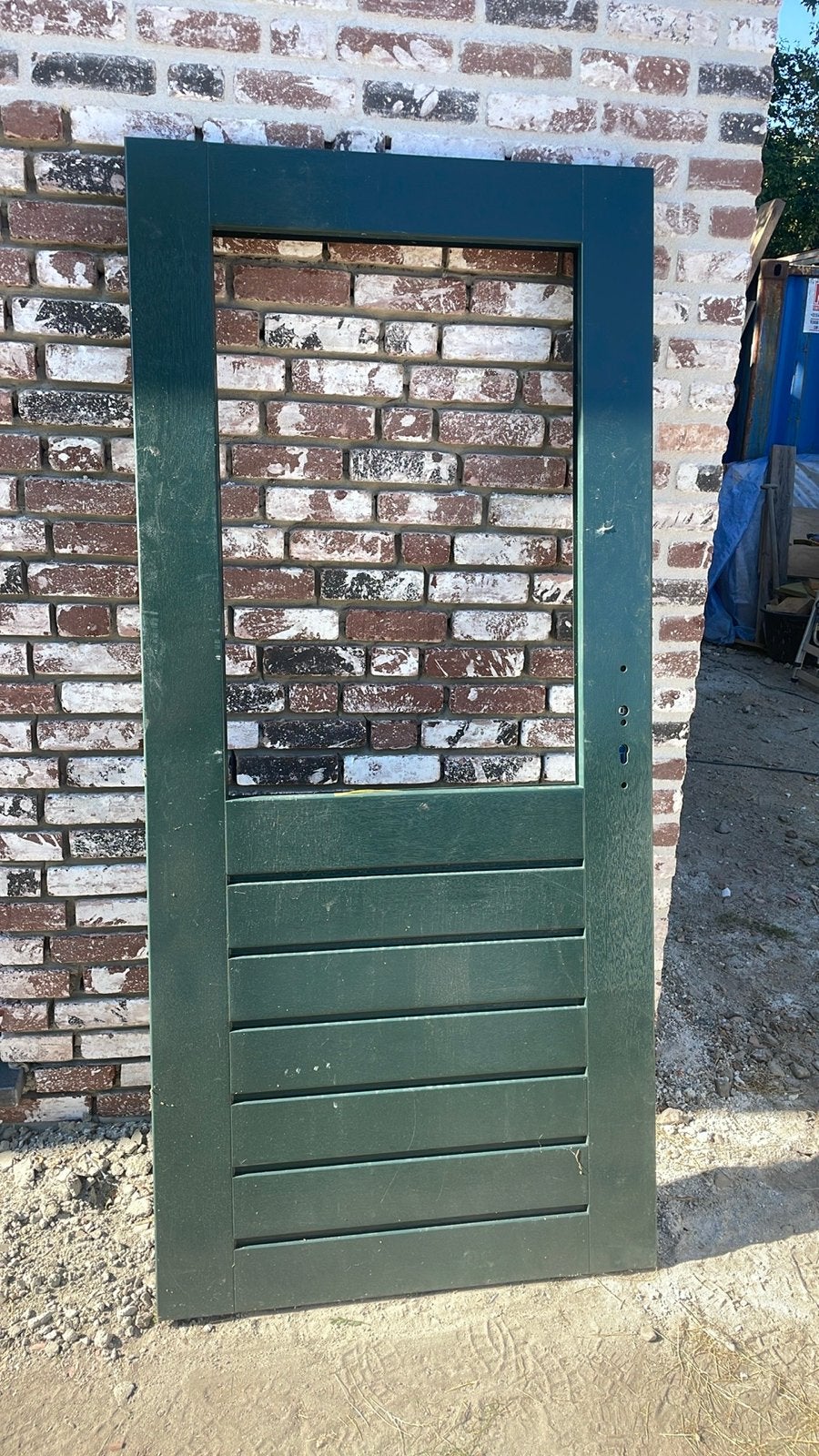 Nieuwe Donkergroene houten deur met glasopening, Ophalen, 80 tot 100 cm, Nieuw, Buitendeur
