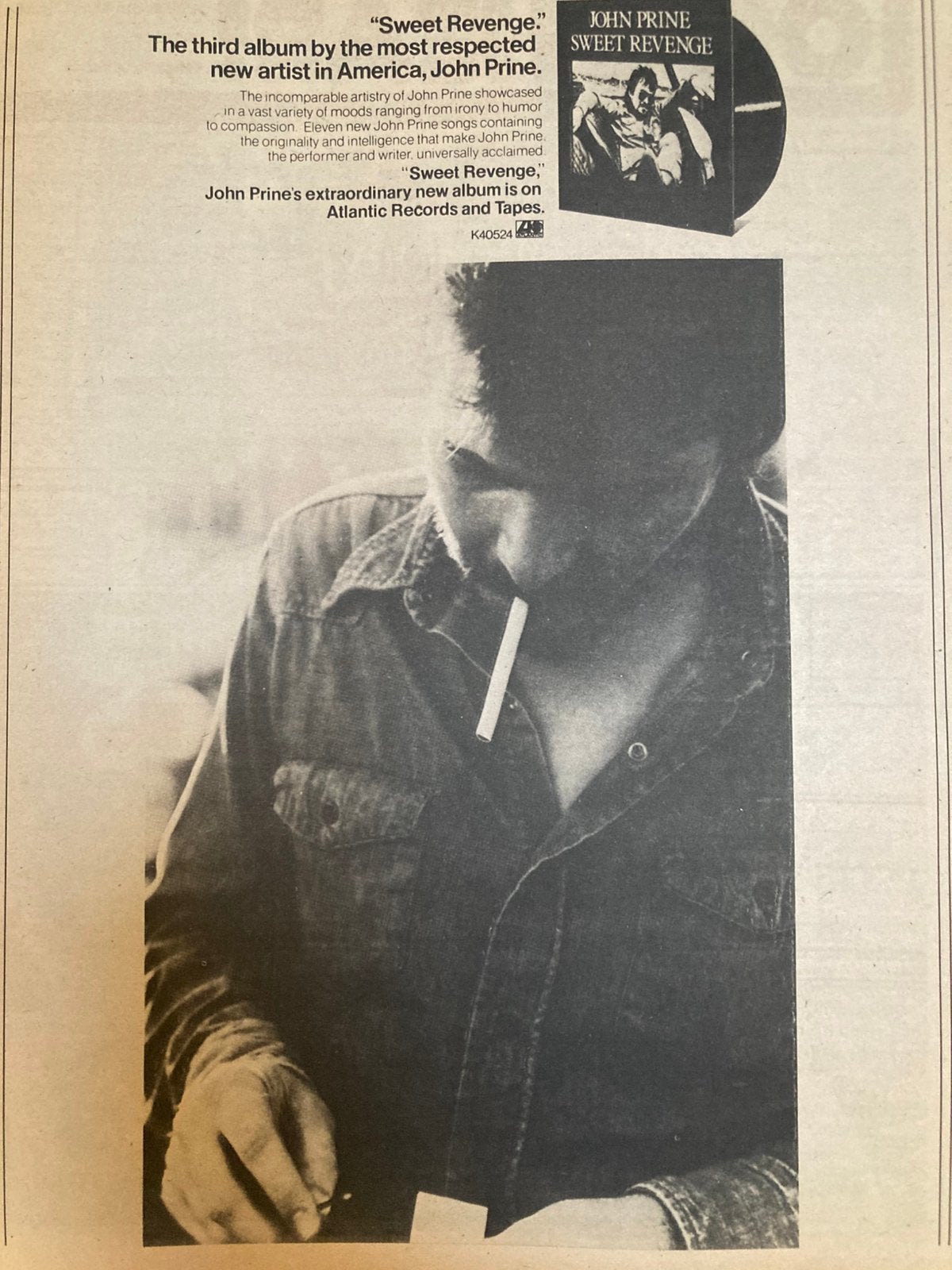 Paginagrote A3 advertentie JOHN PRINE Sweet Revenge release, Ophalen of Verzenden, Zo goed als nieuw