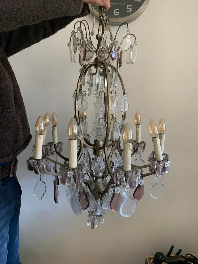 Antieke Franse Kroonluchter met Kristallen Pegels, Ophalen of Verzenden, Gebruikt, Glas, Klassiek