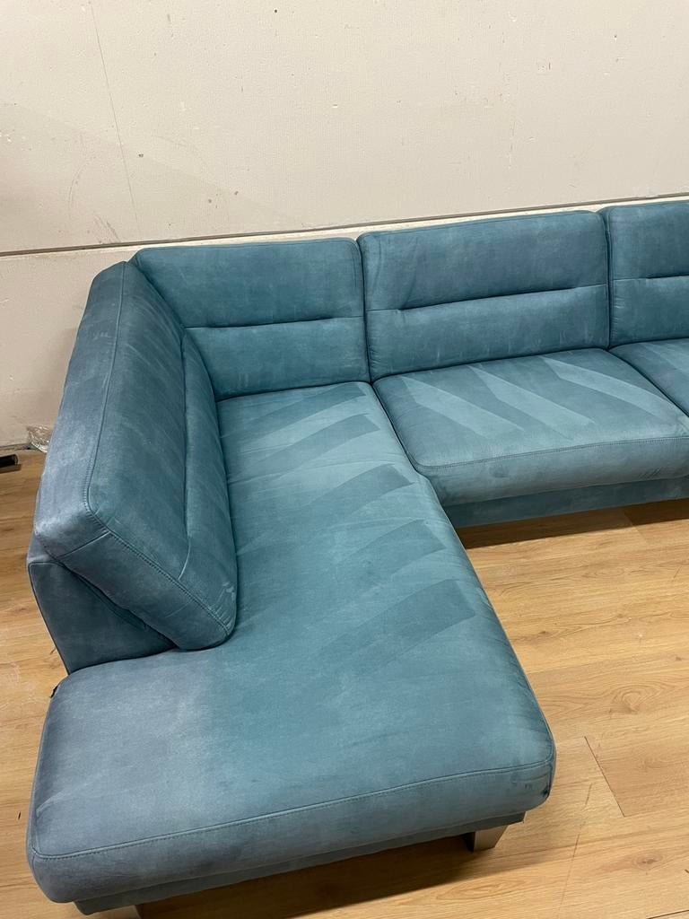 Mooie luxe suede blauwe petrol H&H u bank - GEREINIGD!!!, Huis en Inrichting, Banken | Bankstellen, Ophalen, Luxe, Hoekbank, 300 cm of meer