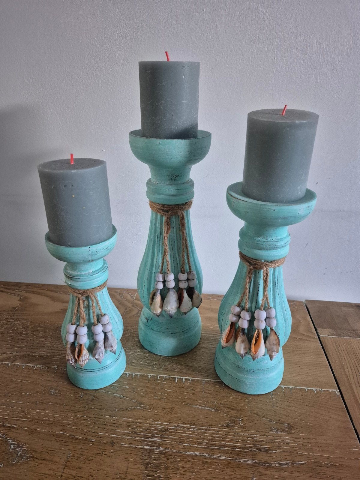 Set van 3 turquoise kandelaars met schelpen en kralen, Meerkleurig, Overige merken, Nieuw, Ophalen of Verzenden
