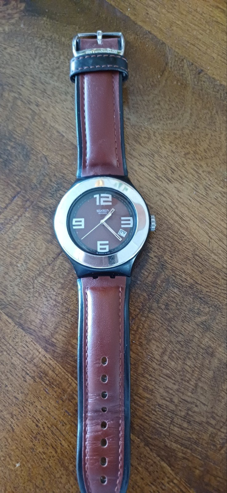 Swatch Irony Polshorloge met Bruine Leren Band, Staal, Polshorloge, Swatch, Ophalen of Verzenden