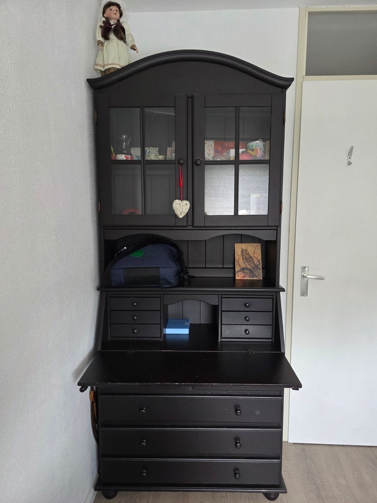 Zwarte Secretaire / Vitrinekast - 2-delig met Klapbureau, Ophalen, Gebruikt, Landelijk / Klassiek
