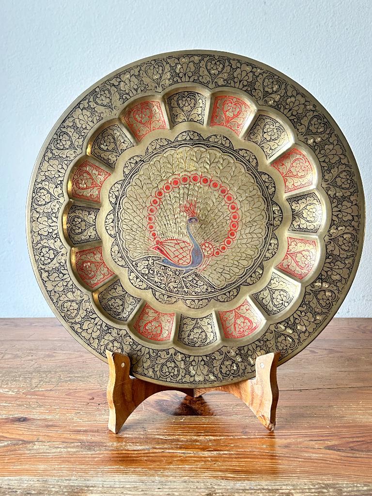 Groot wandbord - koper - India - decor met een Paauw, Ophalen of Verzenden