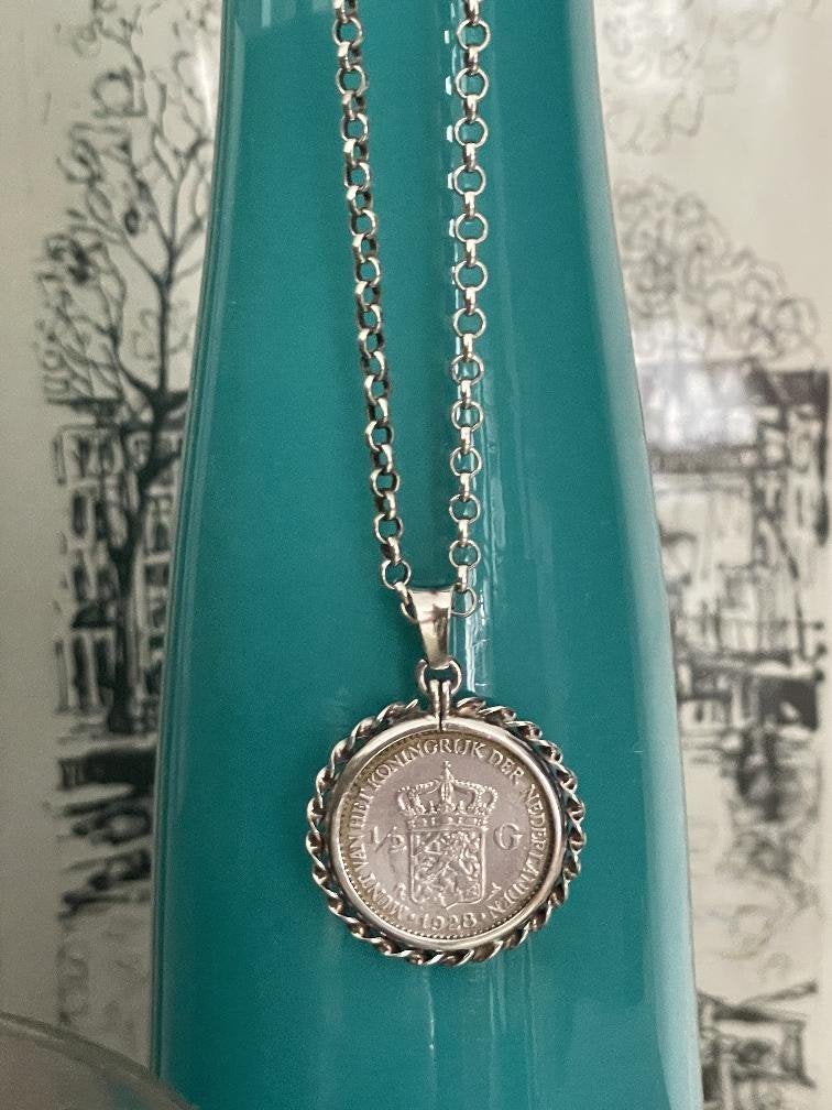 zilveren jasseronketting met zilveren halve gulden 1928, Ophalen of Verzenden, Zilver, Ketting