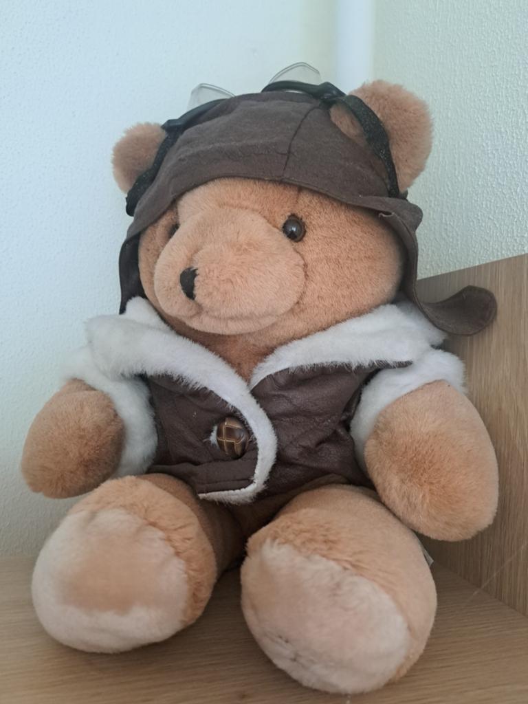 Bijenkorf Knuffelbeer piloot met vliegersbril en jas, Gebruikt, Overige merken, Overige karakters, Beer