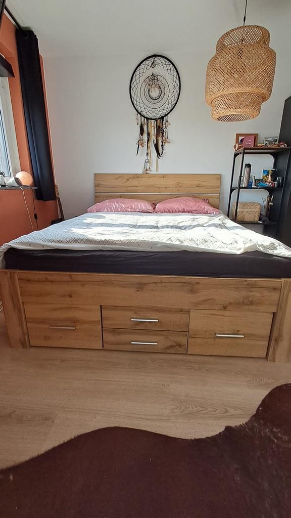 Artisan Eiken Bed 160x200 met 6 Lades en LED Hoofdsteun, Huis en Inrichting, Slaapkamer | Bedden, Zo goed als nieuw, Tweepersoons