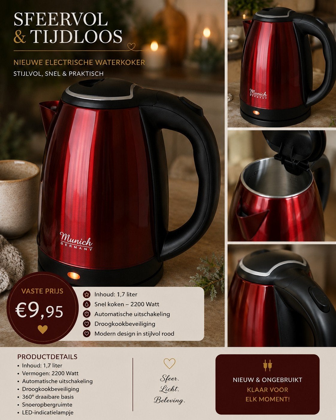 Munich Germany Waterkoker - Rood, 1 tot 2 liter, Ophalen, Nieuw