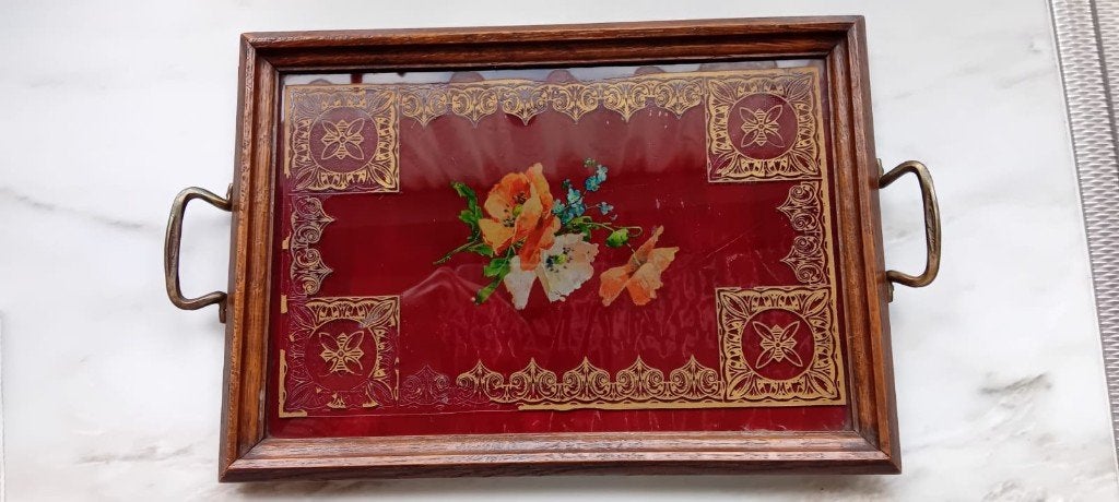 Vintage houten dienblad met bloemmotief, Antiek en Kunst, Curiosa en Brocante, Ophalen of Verzenden