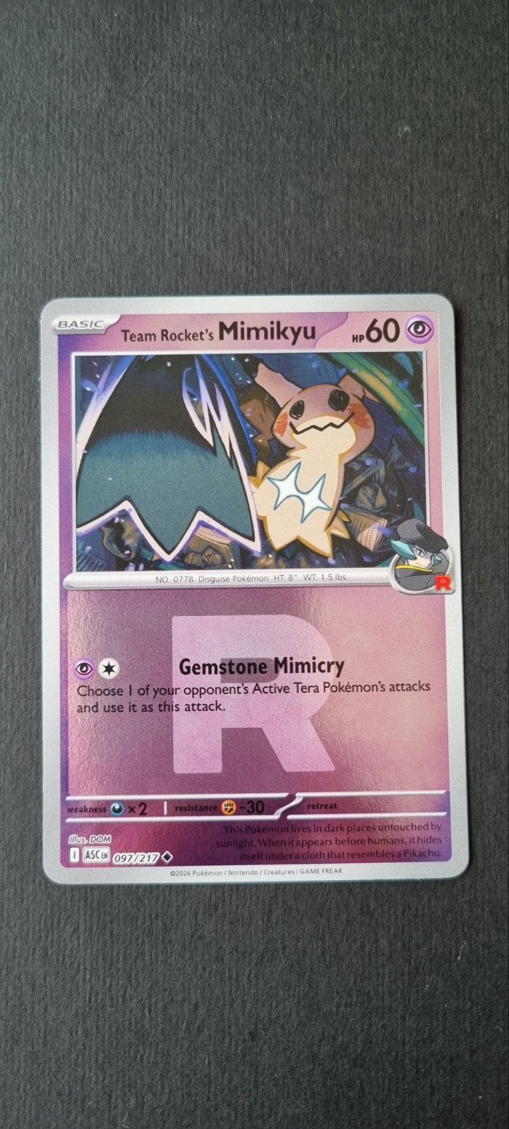 Team Rocket's Mimikyu Pokeball XASC 097/217, Ophalen of Verzenden, Zo goed als nieuw, Losse kaart