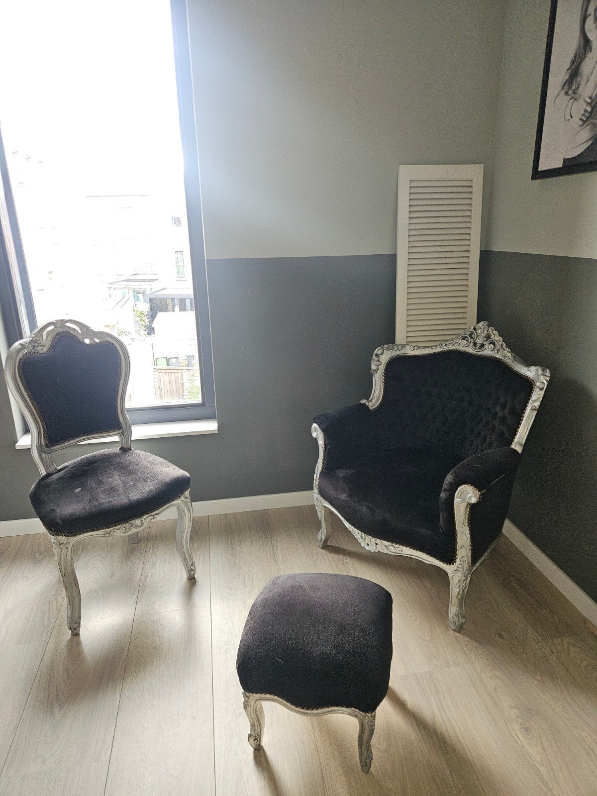 Barok stoelen set met poef - Zwart en zilver, Huis en Inrichting, Gebruikt, Barok, Drie, Zwart