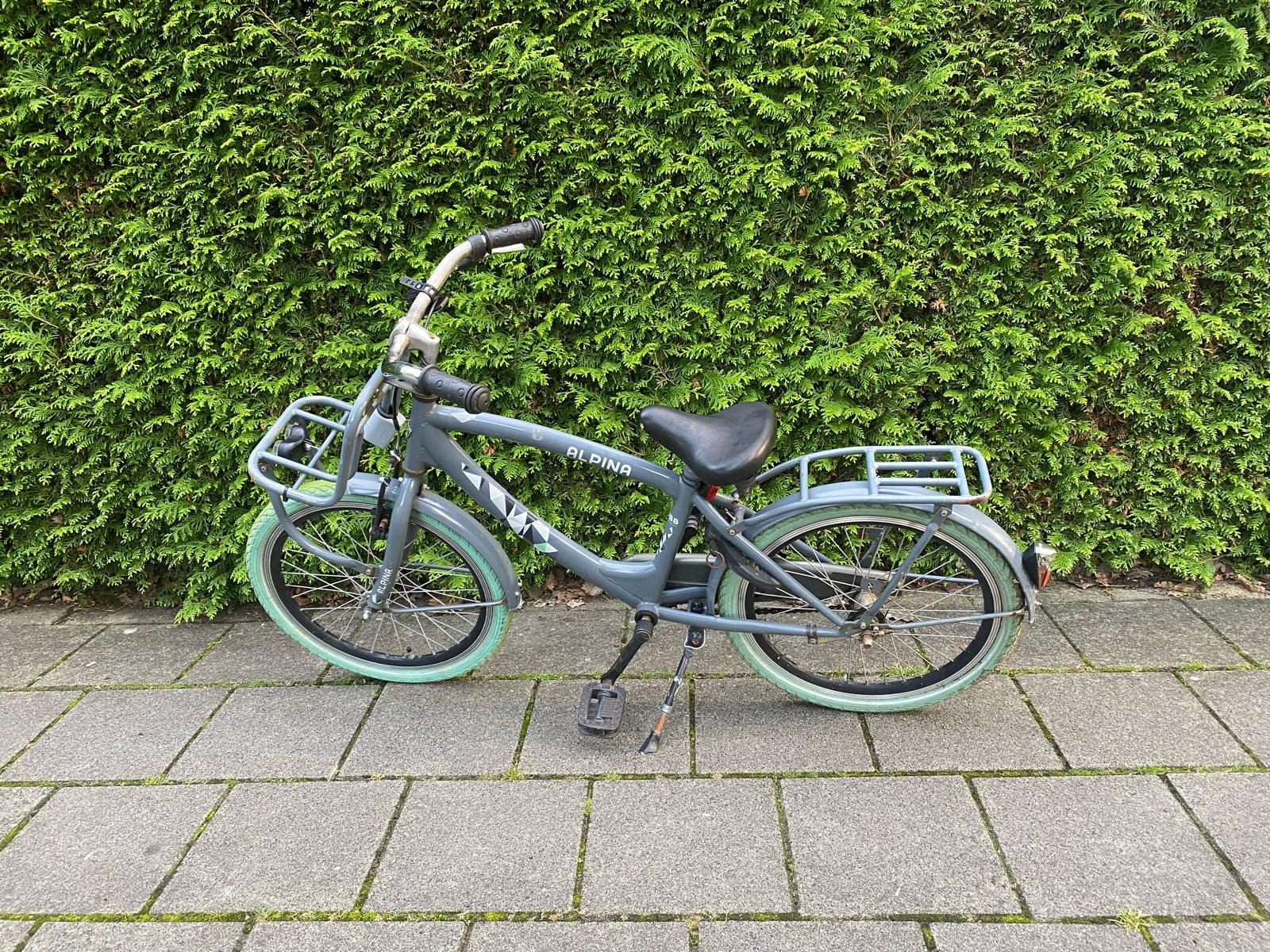 Alpina kinderfiets 20 inch - Grijs met mintgroene banden, Fietsen en Brommers, Ophalen, Gebruikt, Terugtraprem, 20 inch