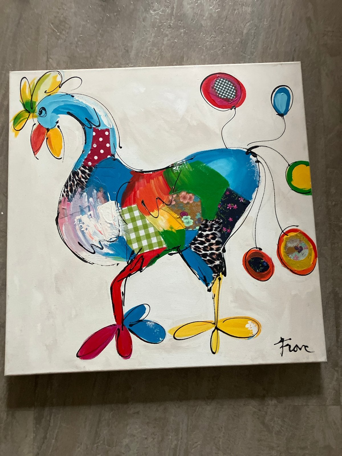Kleurrijk Modern Schilderij: Vrolijke Kip op Canvas, Antiek en Kunst, Ophalen, Dieren, Gesigneerd, Gemengde techniek