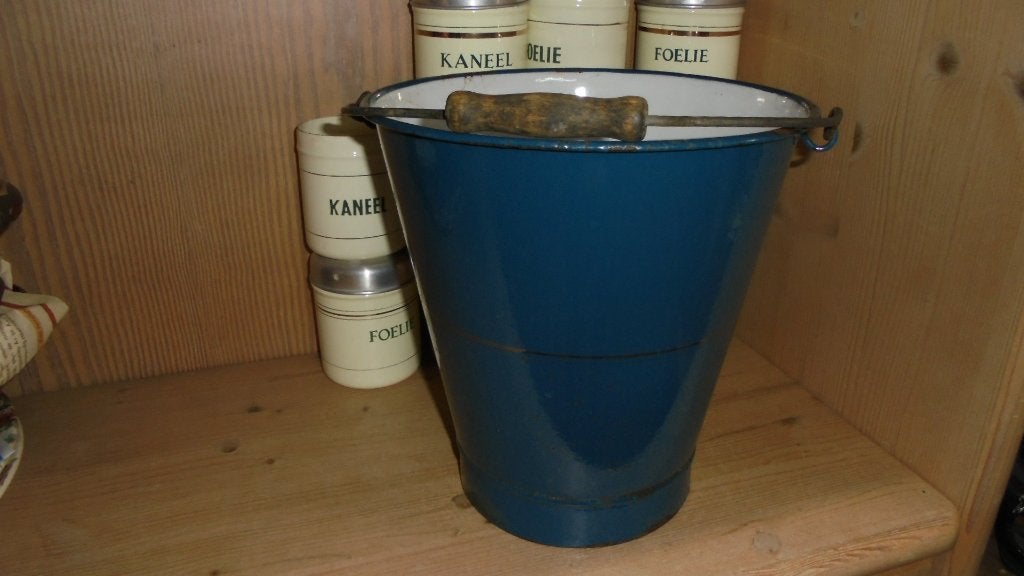 petrol blauw emaille emmer met bies, doorsnee 24H24cm, Ophalen of Verzenden