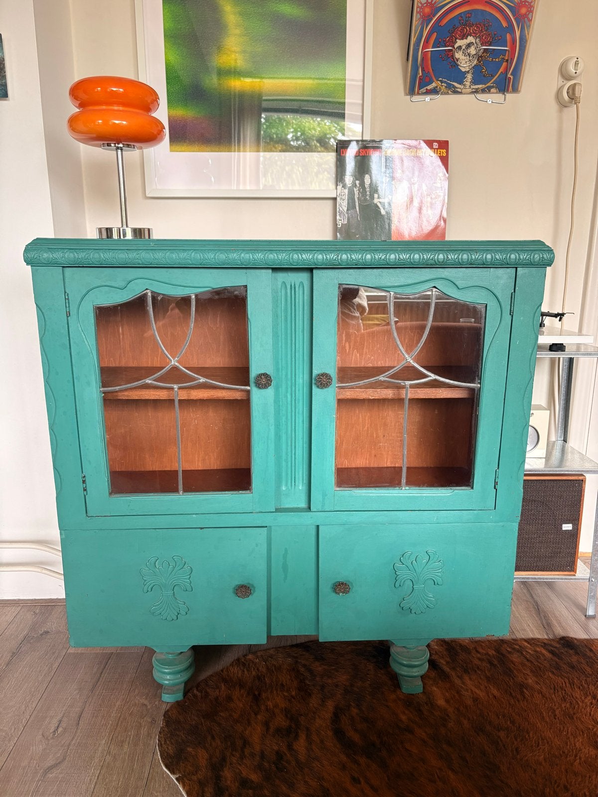 Vintage houten kast met glas in lood - Groen, Antiek en Kunst, Ophalen