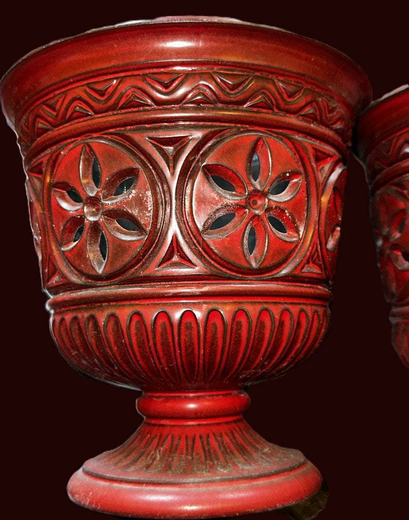 Vintage EMSA Bloempot op Voet - Rood - West-Germany, Ophalen, Kunststof, Gebruikt, Rond