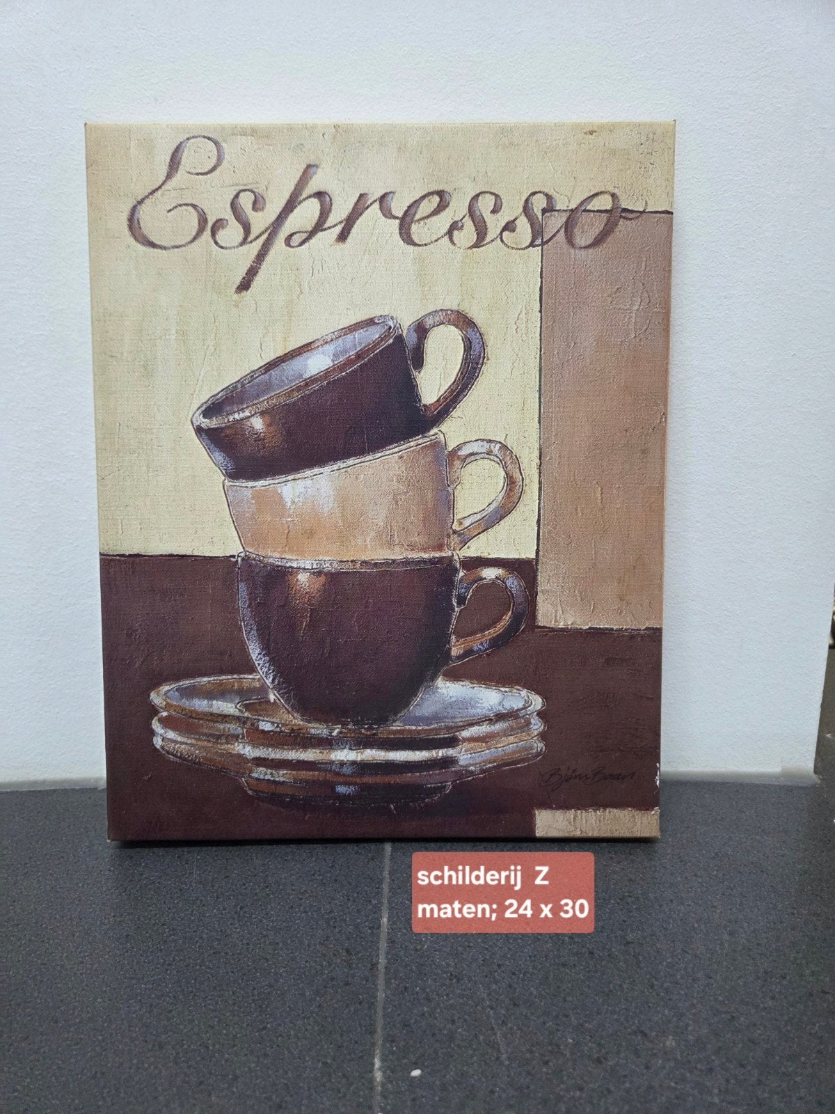Schilderij 'Espresso' met gestapelde kopjes, 24x30 cm, Ophalen