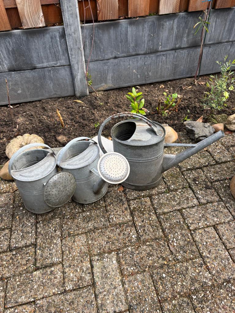 Set van 3 vintage zinken gieters voor tuin of decoratie, Tuin en Terras, Gieters, Ophalen, Gebruikt, Metaal