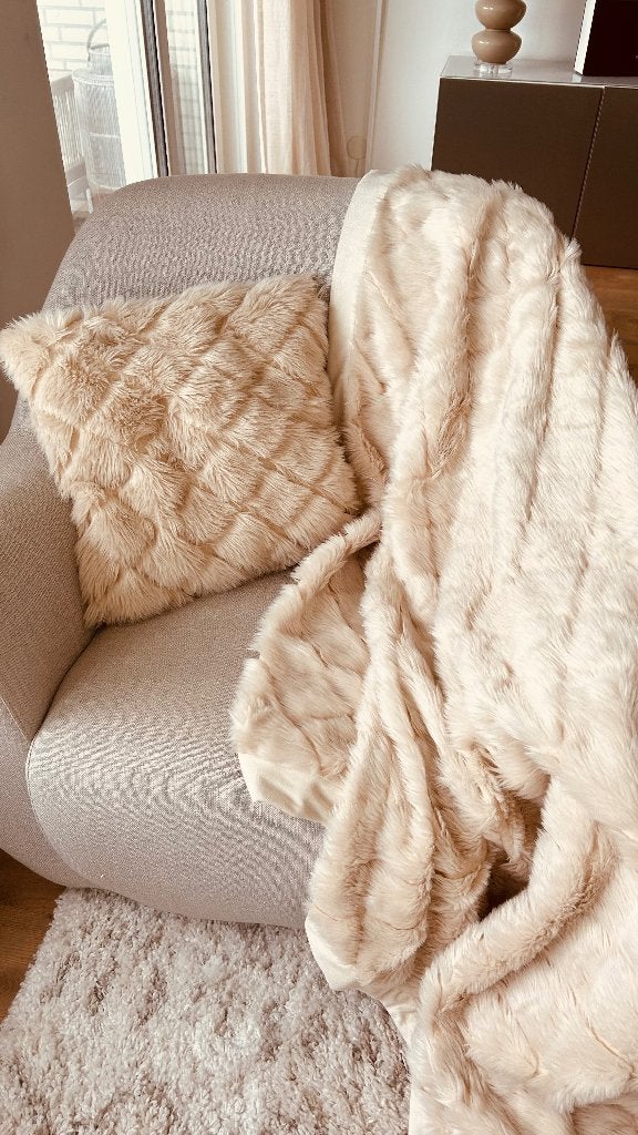 Riviera Maison Plaid en kussen, 130 cm, Beige, Ophalen of Verzenden, Zo goed als nieuw