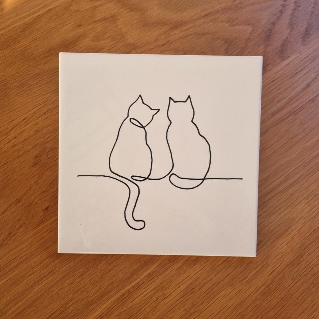 Tegeltje lijntekening lijn tekening twee zittende katten kat, Ophalen of Verzenden