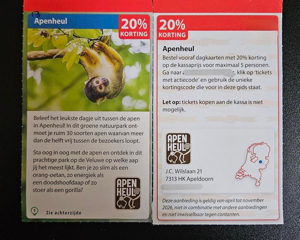 Apenheul 20% korting voor max. 5 personen., Tickets en Kaartjes, Recreatie | Dierentuinen