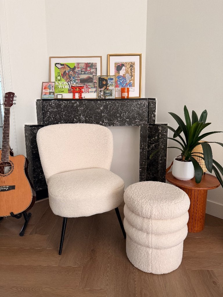 Teddy fauteuil + poef: wit / crème, als nieuw, Ophalen, Wit en Minimalistisch, 75 tot 100 cm, Zo goed als nieuw