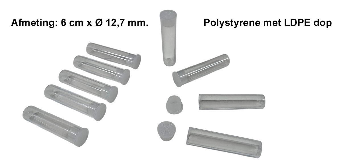 Polystyreen buisjes met dop 6 cm. x 12,7 mm. ( 5000 stuks), Hobby en Vrije tijd, Ophalen of Verzenden, Nieuw