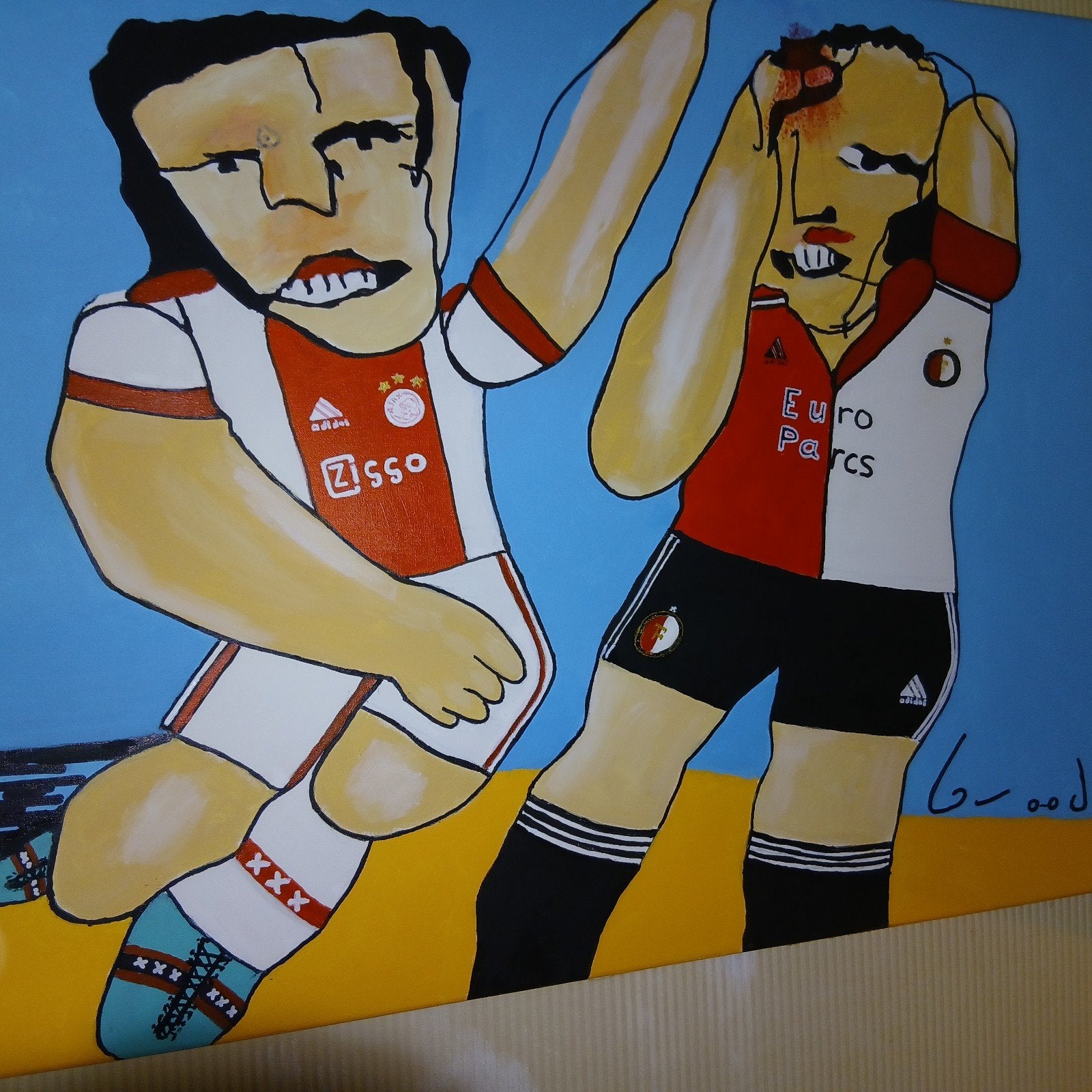Modern schilderij: Voetbalrivaliteit Ajax vs Feyenoord, Figuren, Gesigneerd, Ophalen of Verzenden, Olieverf