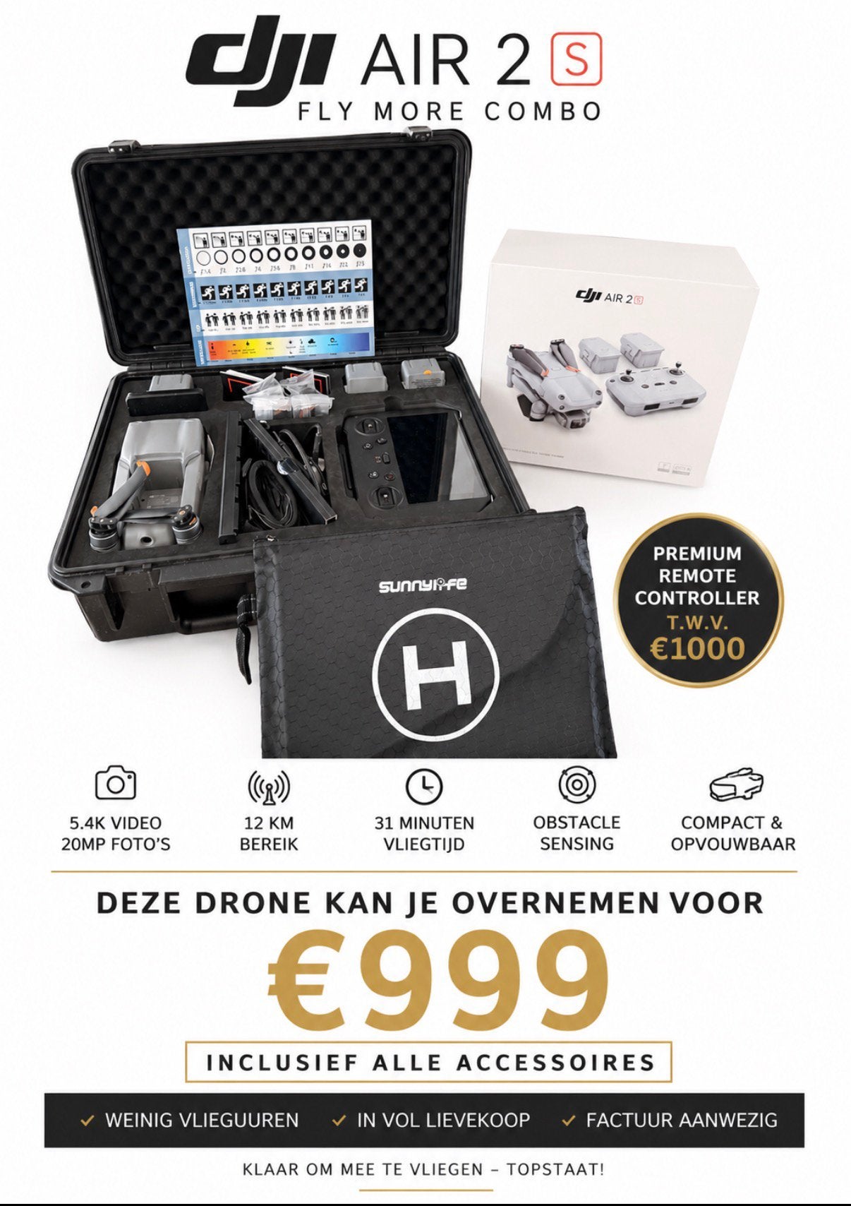 Dji Air 2s fly more combo plus Rc controller, Ophalen, Zo goed als nieuw