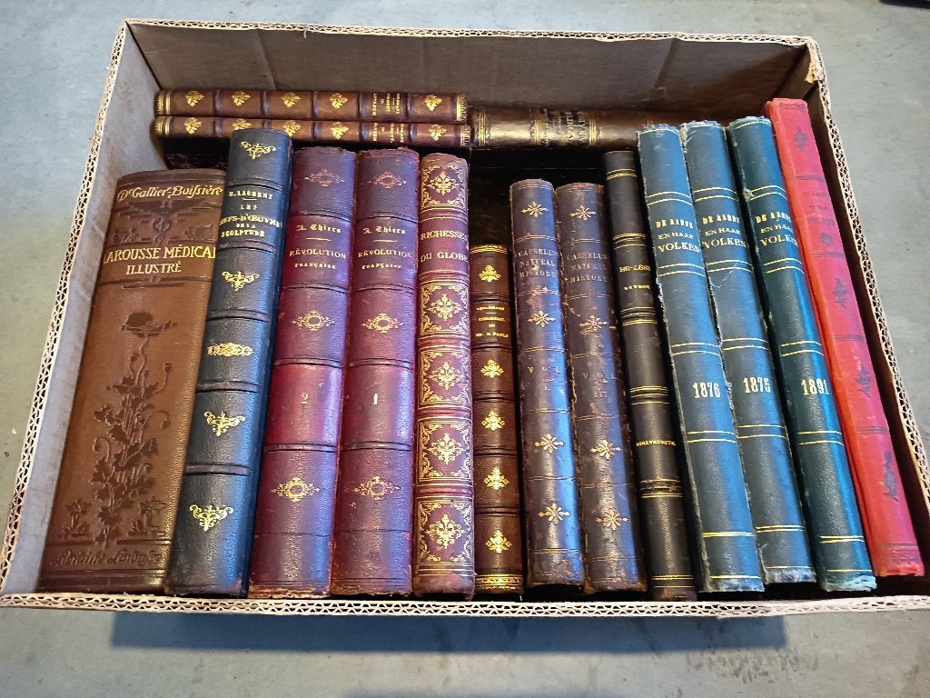 doos met 16 grote antieke boeken ter decoratie, Ophalen